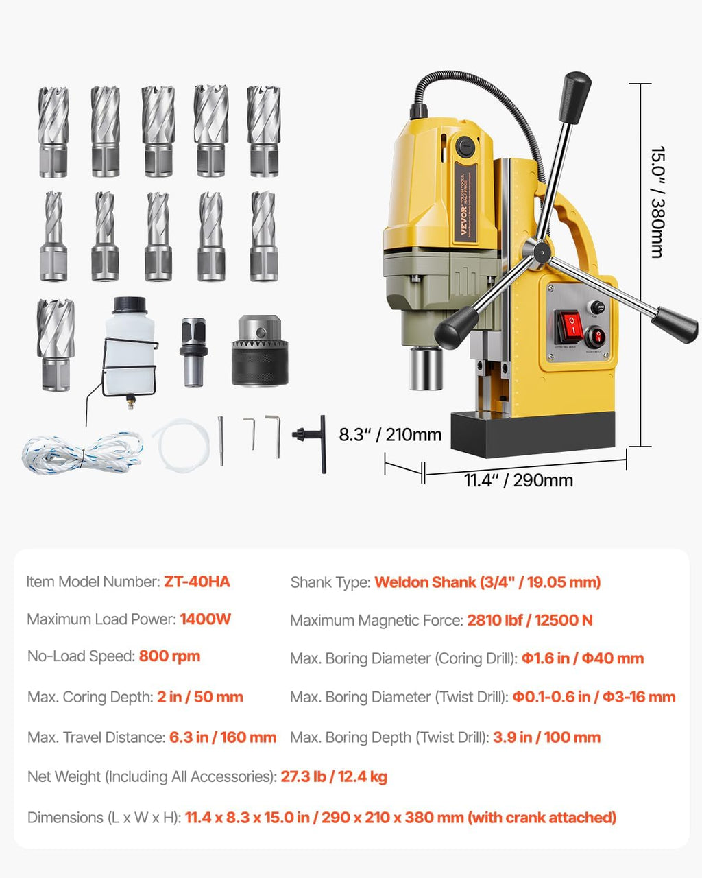 VEVOR Magnetic Drill, 1400W Motor 1.6 in Boring Diameter, 2810 lbf Portable Electric Mag Drill Press, with 11 Coring Bits, 800 RPM Speed, Drilling Machine for Metal Surface, Home Improvement Industry