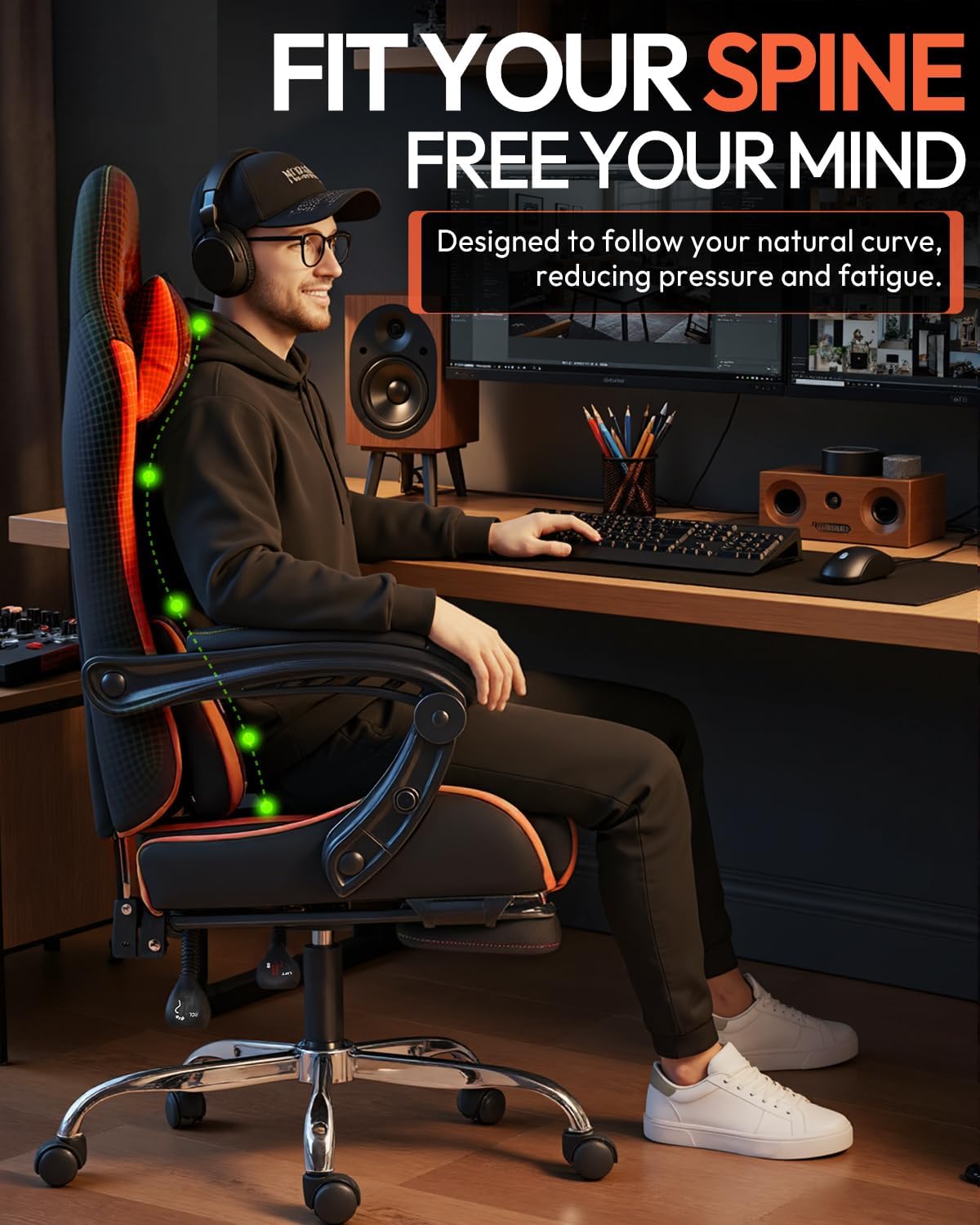 Dowinx Ergonomic Gaming Chair with Footrest & Massage Lumbar, 2D-Linkage Armrests for Computer Chair 330lbs with Headrest Pillow for Office, Home, Streaming and Long Gaming Sessions, Red
