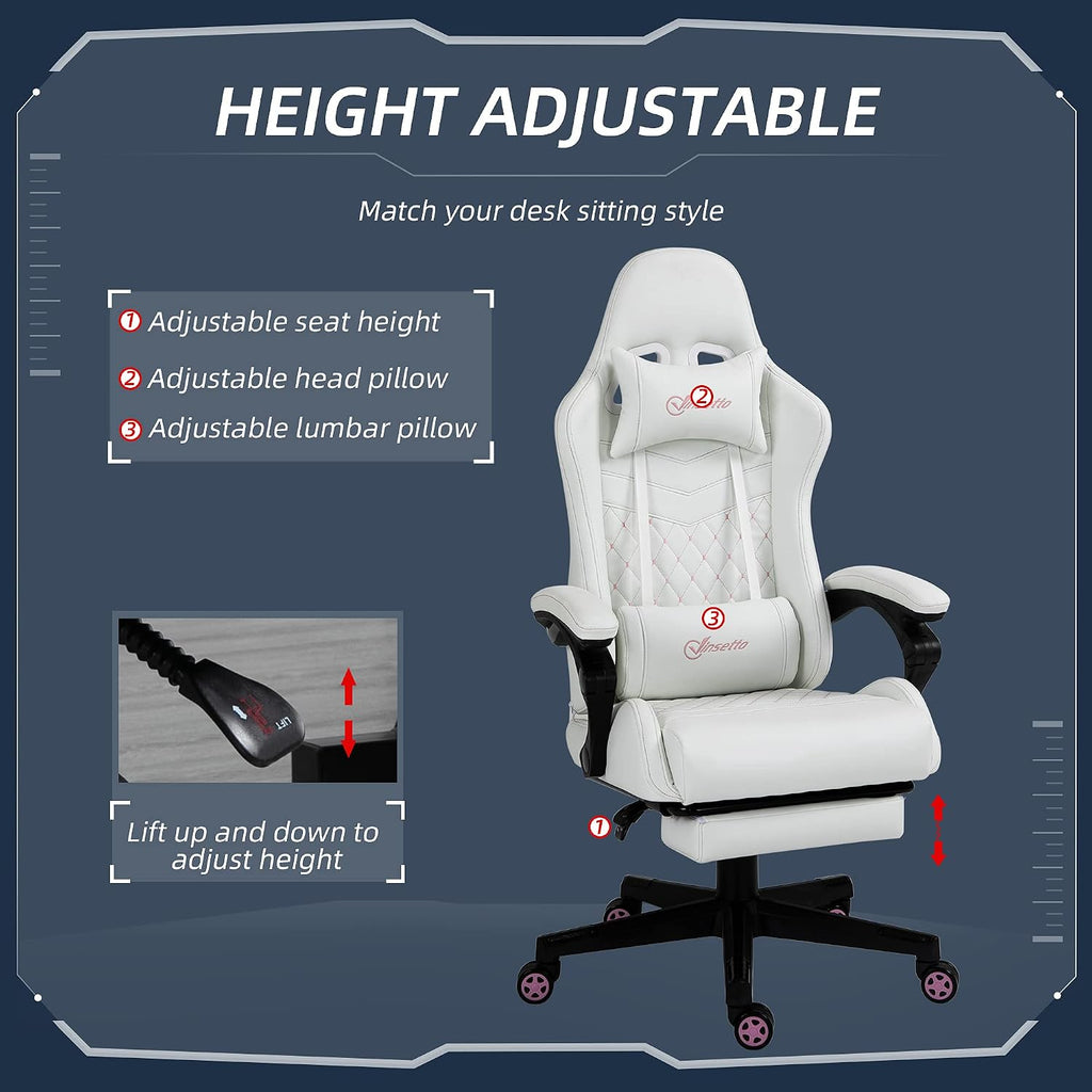 Vinsetto High Back PU Leather Gaming Chair, Racing Computer Chair with Swivel Wheels, Retractable Footrest, Headrest, Lumbar Support, and Armrest, White and Pink