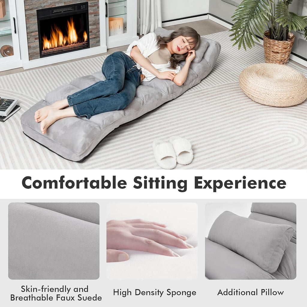Moccha Floor Chairs for Adults, Adjustable 5-Position Floor Lounger w/Thick Padded & Pillow, No Assembly Folding Lazy Sofa Chair for Gaming, Light Weight Chaise Lounge (Without Armrest, Grey)
