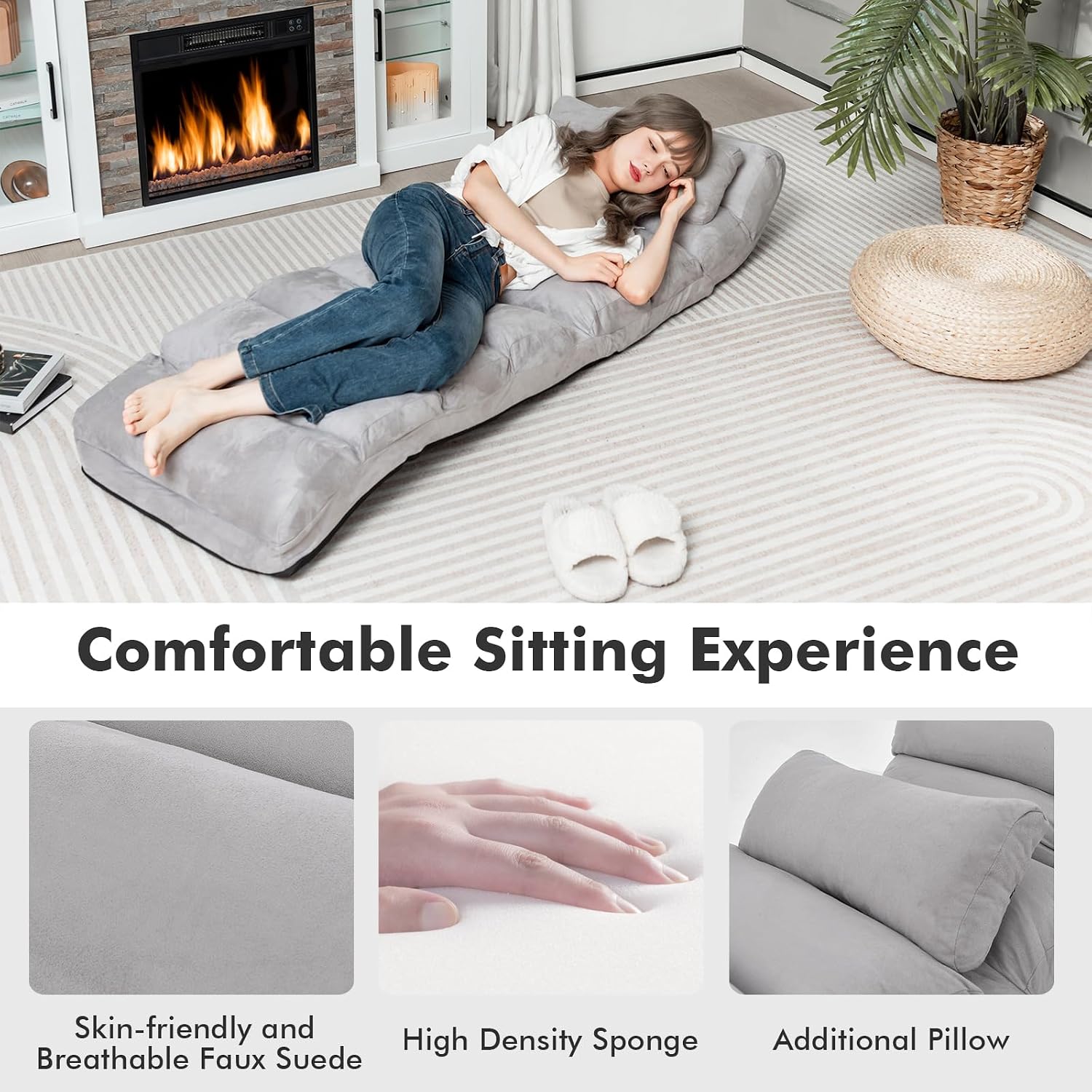 Moccha Floor Chairs for Adults, Adjustable 5-Position Floor Lounger w/Thick Padded & Pillow, No Assembly Folding Lazy Sofa Chair for Gaming, Light Weight Chaise Lounge (Without Armrest, Grey)