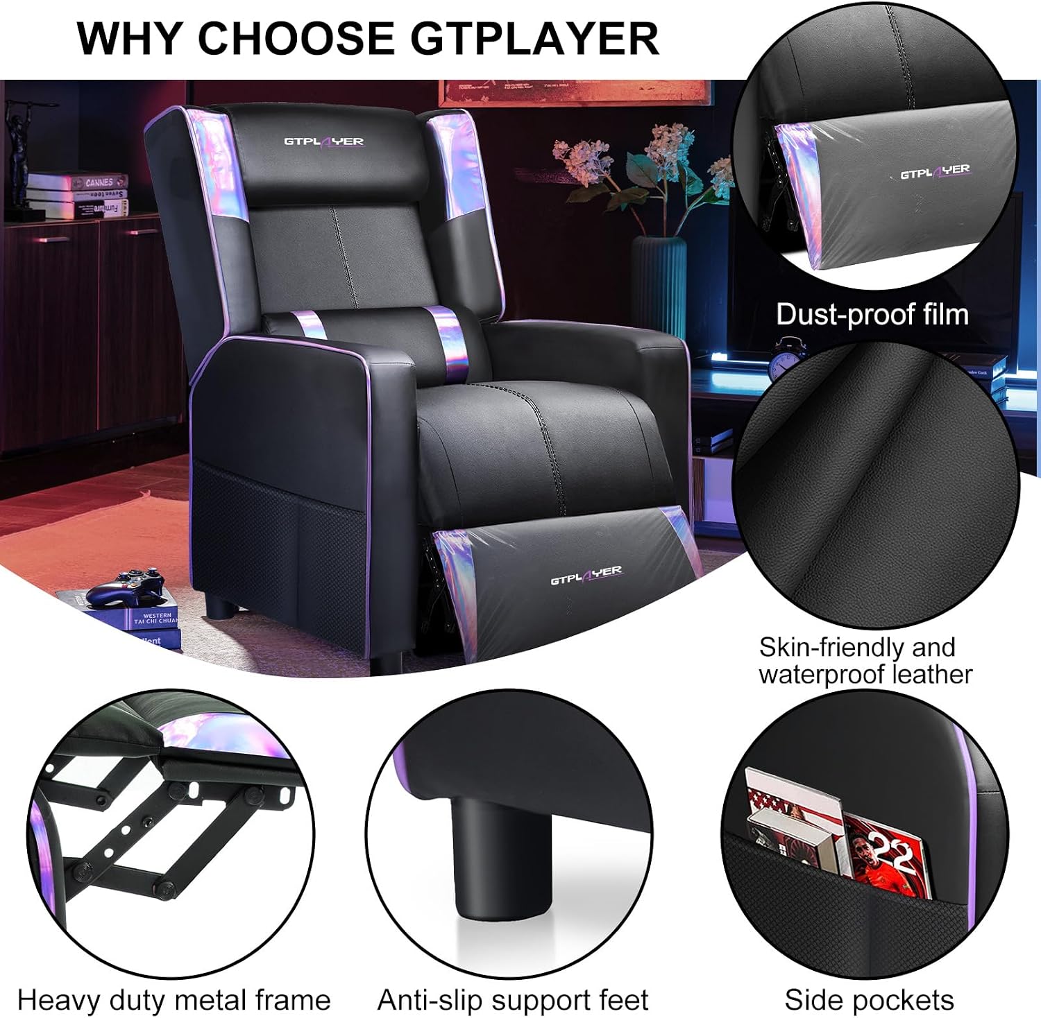 GTPLAYER Gaming Recliner Chair for Living Room Racing Style Single PU Leather Gaming Sofa for Adults Modern Game Recliners Ergonomic Comfortable Home Theater Seating, Purple