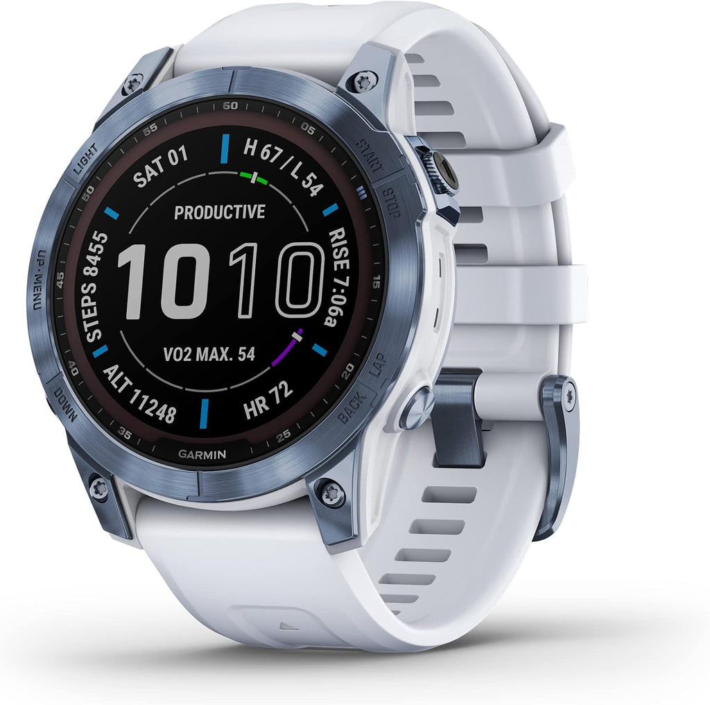 Garmin Fenix 7 Sapphire Solar, Adventure smartwatch, with Solar Charging Capabilities, Rugged Outdoor Watch with GPS, Touchscreen, Wellness Features, Mineral Blue DLC Titanium Whitestone Band