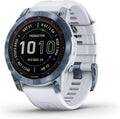 Garmin Fenix 7 Sapphire Solar, Adventure smartwatch, with Solar Charging Capabilities, Rugged Outdoor Watch with GPS, Touchscreen, Wellness Features, Mineral Blue DLC Titanium Whitestone Band