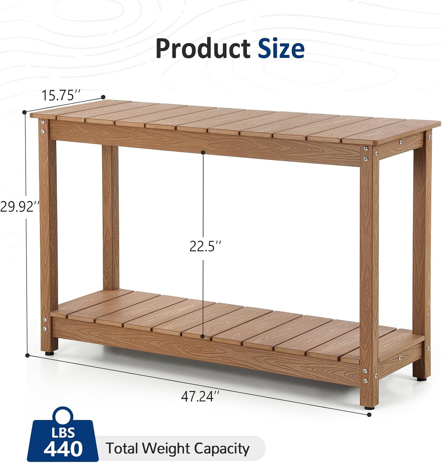 Outdoor Console Table, 48' Weather Resistant HIPS Patio Side Table, 440LBS Weight Capacity, 2-Tier Multifunctional Buffet Bar Storage Organizer for Garden Deck, Teak