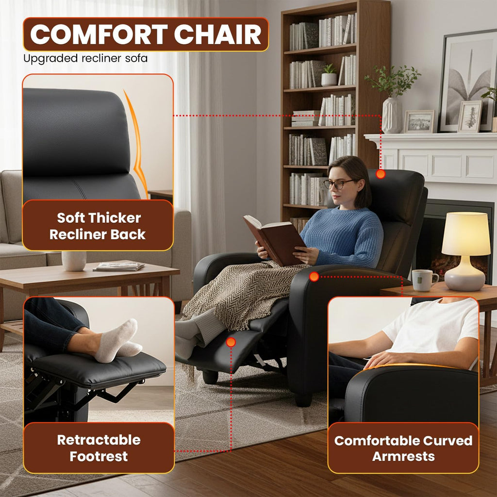 BestMassage Recliner Chair with Adjustable Backrest & Footrest, PU Leather Armchair with Lumbar Support for Living Room, Home Theater, Bedroom (Dark Black)