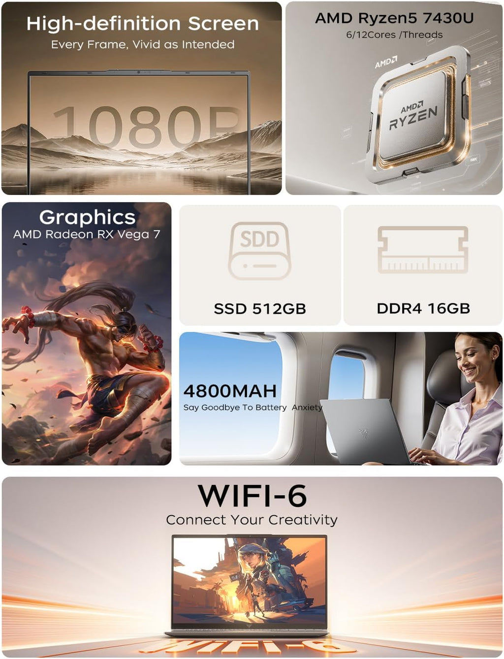 KAIGERR 2026 Laptop, ΑΜD Ryzen 5 7430U (Up to 4.3GHz),16GB RAM 512GB NVMe SSD, 15.6-in IPS WiFi 6 Laptop Computer, Numeric Keypad, HDMI Type-C, Home Laptops Office Laptops,
