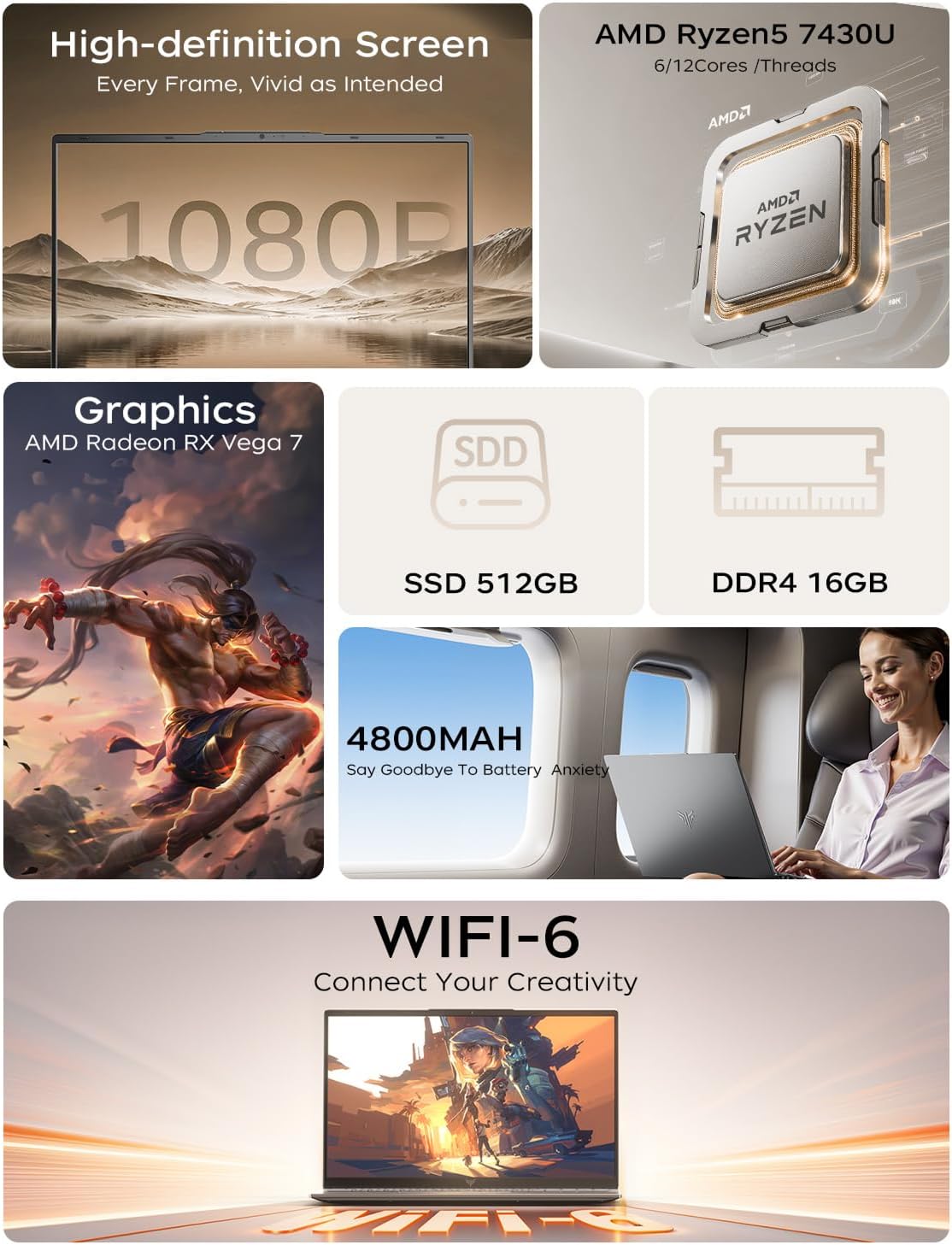 KAIGERR 2026 Laptop, ΑΜD Ryzen 5 7430U (Up to 4.3GHz),16GB RAM 512GB NVMe SSD, 15.6-in IPS WiFi 6 Laptop Computer, Numeric Keypad, HDMI Type-C, Home Laptops Office Laptops,