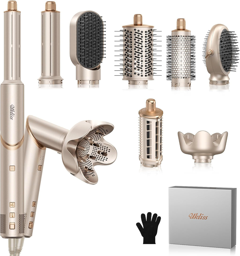 Ukliss 8 in 1 Hair Dryer Brush & Multi Hot Air Styler–Foldable 110,000 RPM Blow Dryer Brush Tool Set with Diffuser Auto-Wrap Curler for Fast Drying Curling Straightening Hair Daily Styling (1.25'')