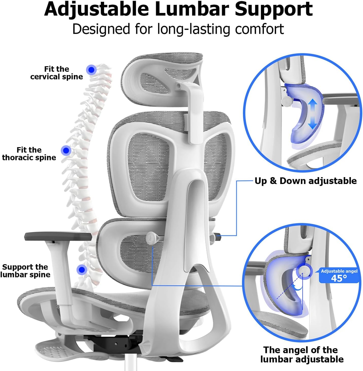 PatioMage Ergonomic Office Chair, Big and Tall Desk Chair with Adjustable Lumbar Support & Seat Depth, High Back Computer Chair, Swivel Mesh Chairs with Wheels for Home Office, White