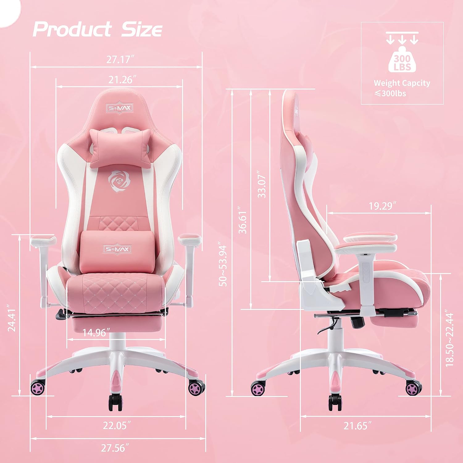 S*MAX Pink Gaming Chair with Footrest Thicken Seat Ergonomic Pink Gamer Chair with 3D Armrest PU Leather Headrest and Lumbar Support High Back Gaming Chair for Girls Pink White