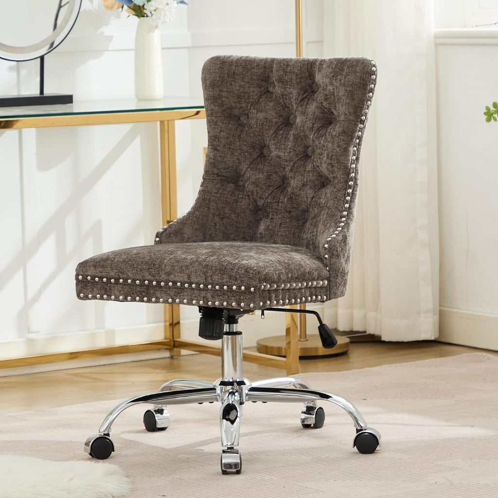 Home Office Chair with Wheels & Silver Base, Cute Chenille Fabric Makeup Vanity Chair with Tufted Back for Bedroom, Upholstered Adjustable Swivel Comfy Desk Chair for Girls Women, Grey