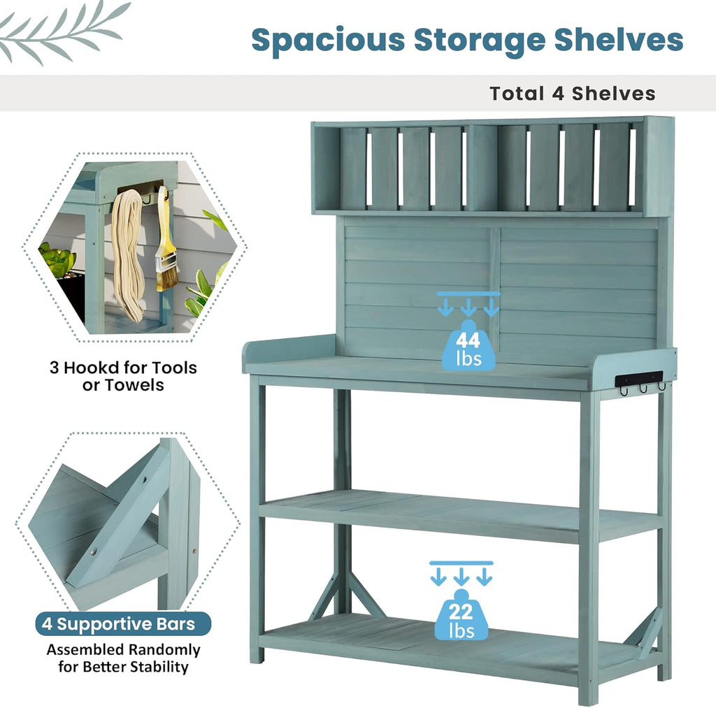 Potting Bench Table with 4 Storage Shelves and Side Hook, Polibi 65' Large Wooden Farmhouse Rustic Outdoor Patio Workstation, Garden Potting Bench with Splash Plate