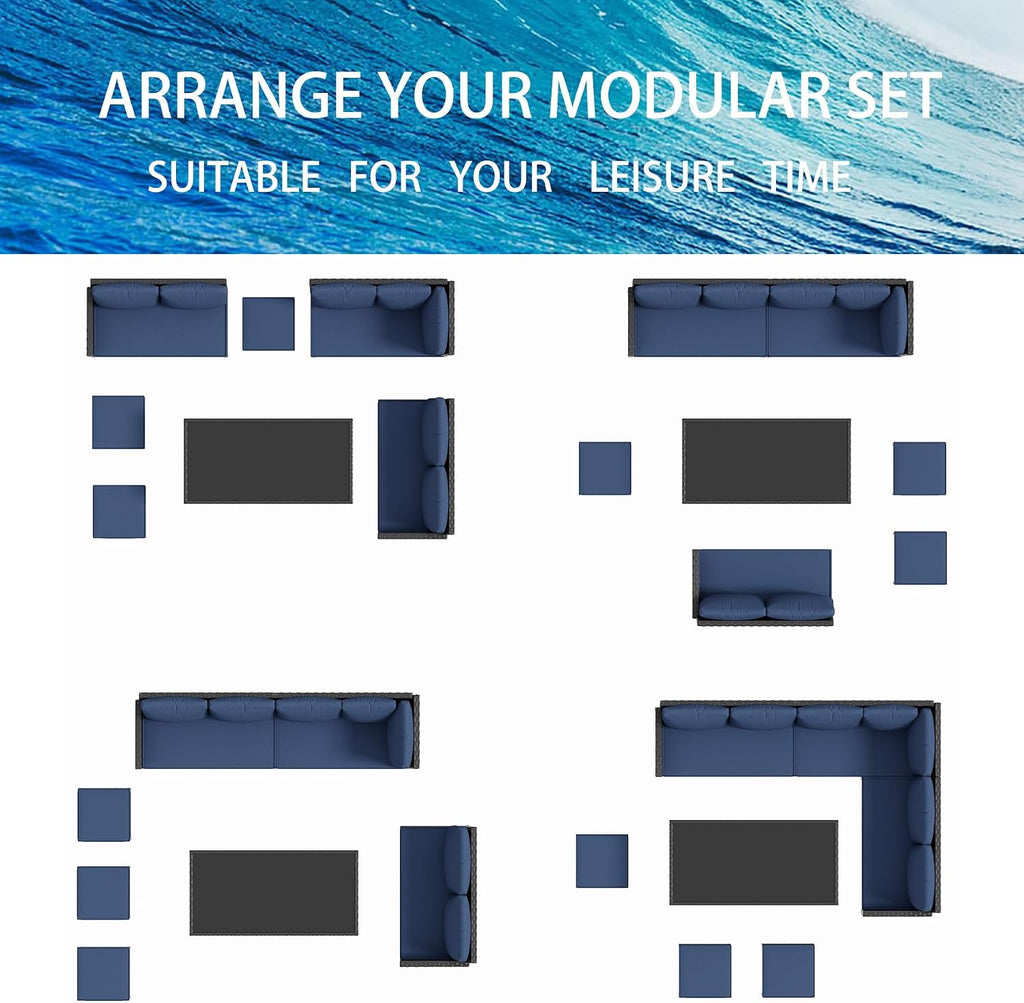 7-Piece Outdoor Patio Furniture Set, Wicker Sectional Sofa with Seat & Back Cushions, All-Weather Conversation Set with Long Glass Coffee Table for Garden, Porch, Lawn, Khaki