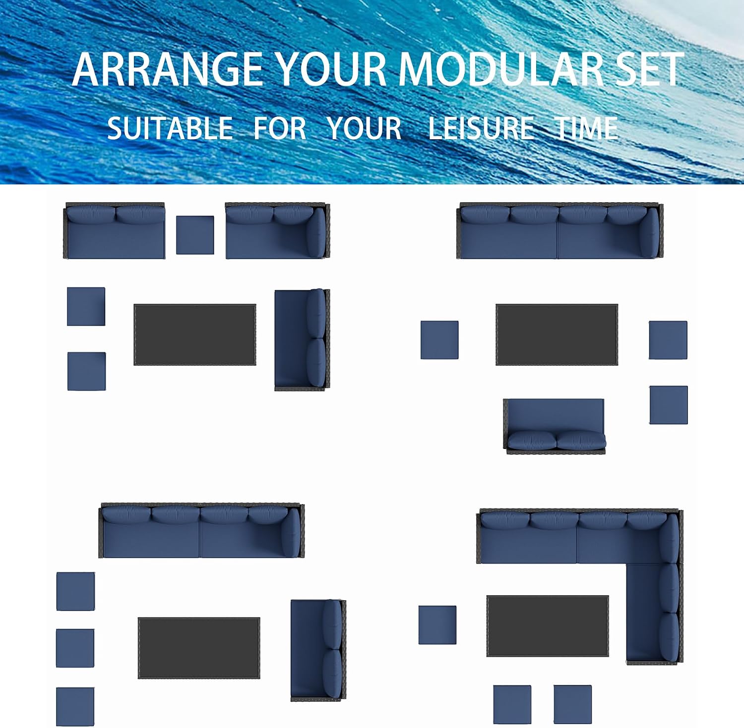 7-Piece Outdoor Patio Furniture Set, Wicker Sectional Sofa with Seat & Back Cushions, All-Weather Conversation Set with Long Glass Coffee Table for Garden, Porch, Lawn, Khaki