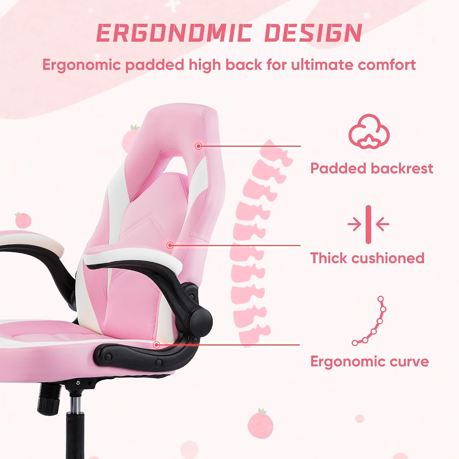 Heavy Duty Gaming Chair Ergonomic Gamer for Home Office with Lumbar Support, Adjustable Backrest, Flip-Up Armrest and Stable 360° Swivel Wheels for Adults, Professional Gamers and Teens, Pink-White
