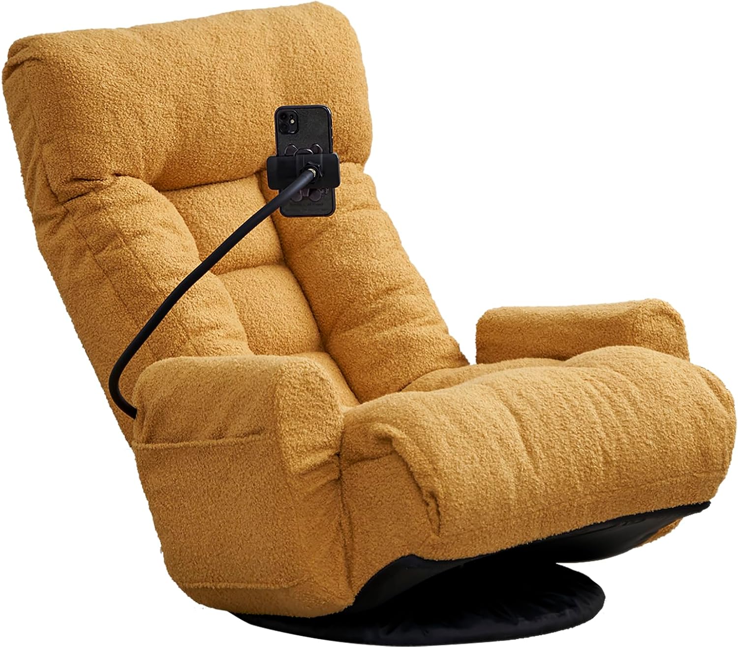 360° Swivel Floor Gaming Chair with 5 Position Adjustable, Folding Gaming Sofas with Phone Holder & Pockets, Cushion Padded Chaise Lounge Chair for Adults, Home Office Floor Leisure Chairs, Yellow