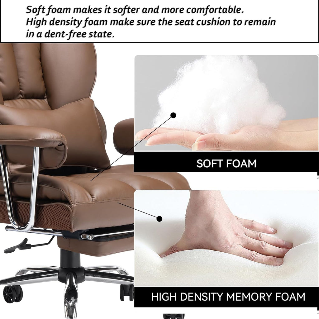 Efomao Big and Tall Office Chair 400lbs – High Back Executive Chair with Swivel Base, PU Leather Upholstery, Lumbar Pillow, Padded Armrests, and Rolling Wheels，Brown Computer Chair