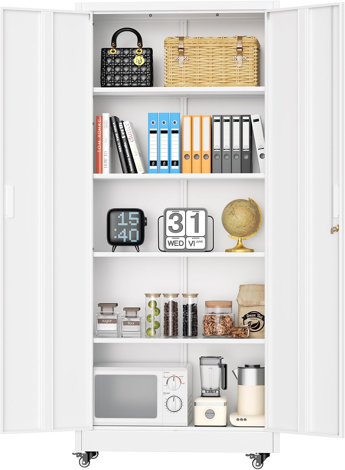 Superday Garage Storage Cabinet with Wheels，73' H Metal Storage Cabinet with Doors and Adjustable Shelves, Lockable Steel Utility Tool Cabinets for Garage, Home Office, Kitchen(White)