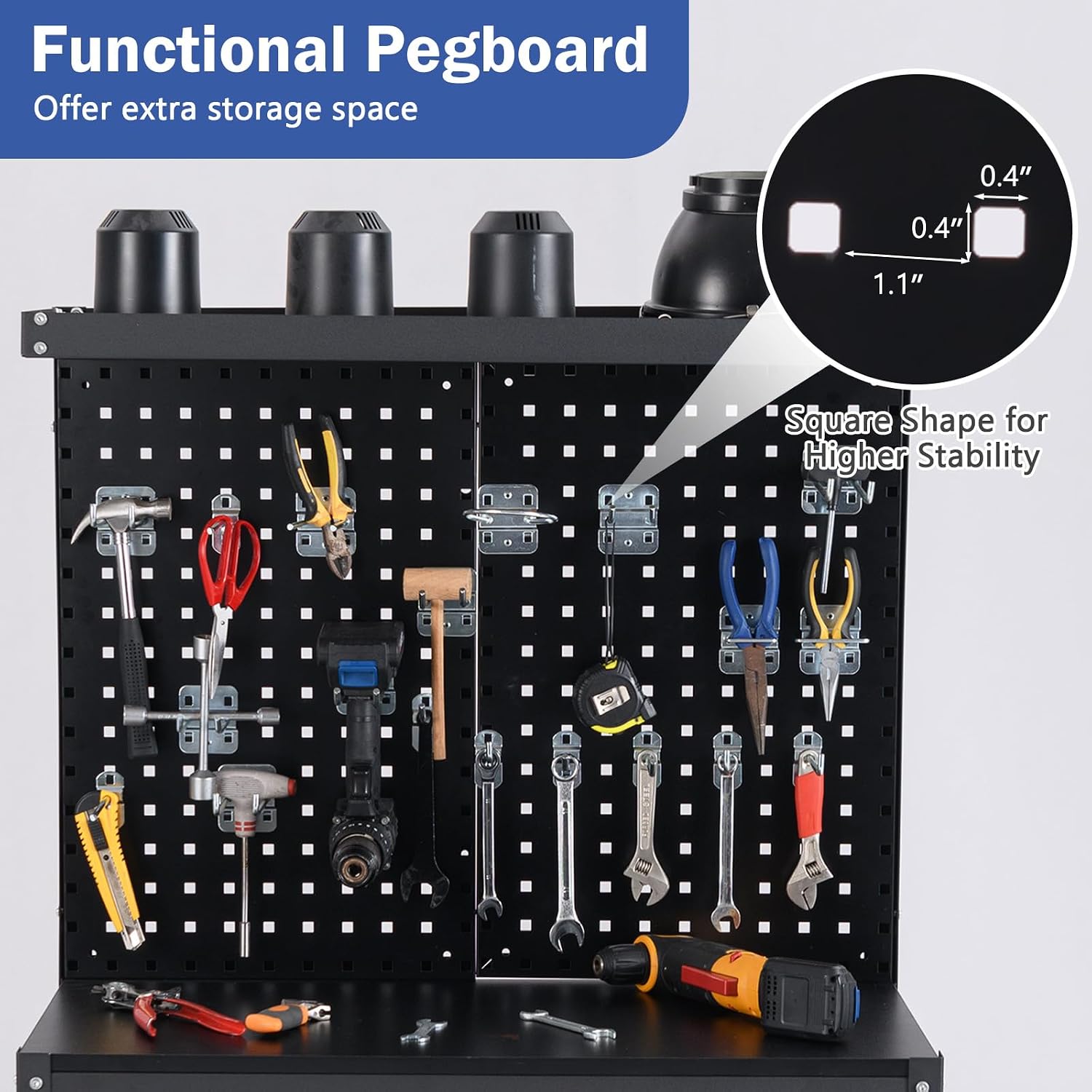 Goplus Workbench with Drawer, 32' x 16' Heavy-Duty Work Table with 2 PCS Pegboard & 4 Shelves, 19 Hanging Hooks, 495LBS Capacity, Metal Tool Storage Work Bench for Garage, Workshop, Home