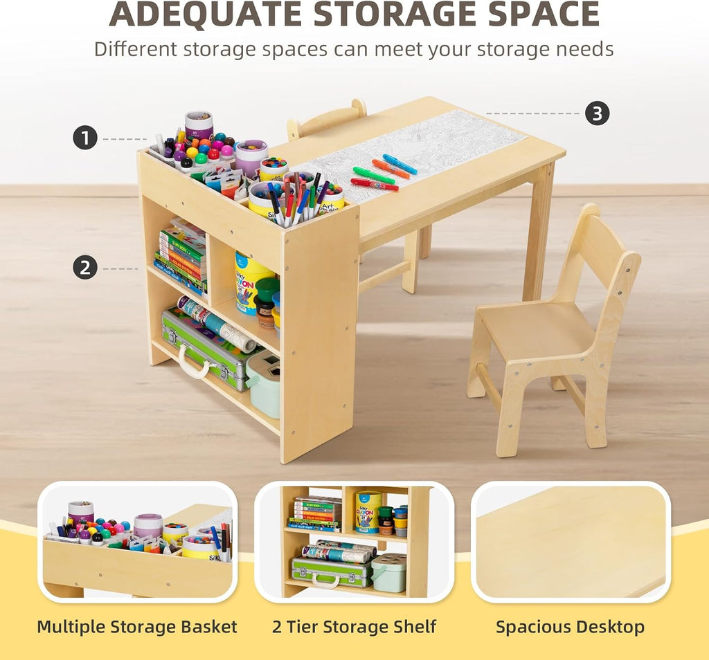 OOOK Kids Art Table and 2 Chairs, Toddler Activity Table with Large Storage Shelves, Wood Activity Desk for Writing Drawing Suitable for Playrooms & Classroom