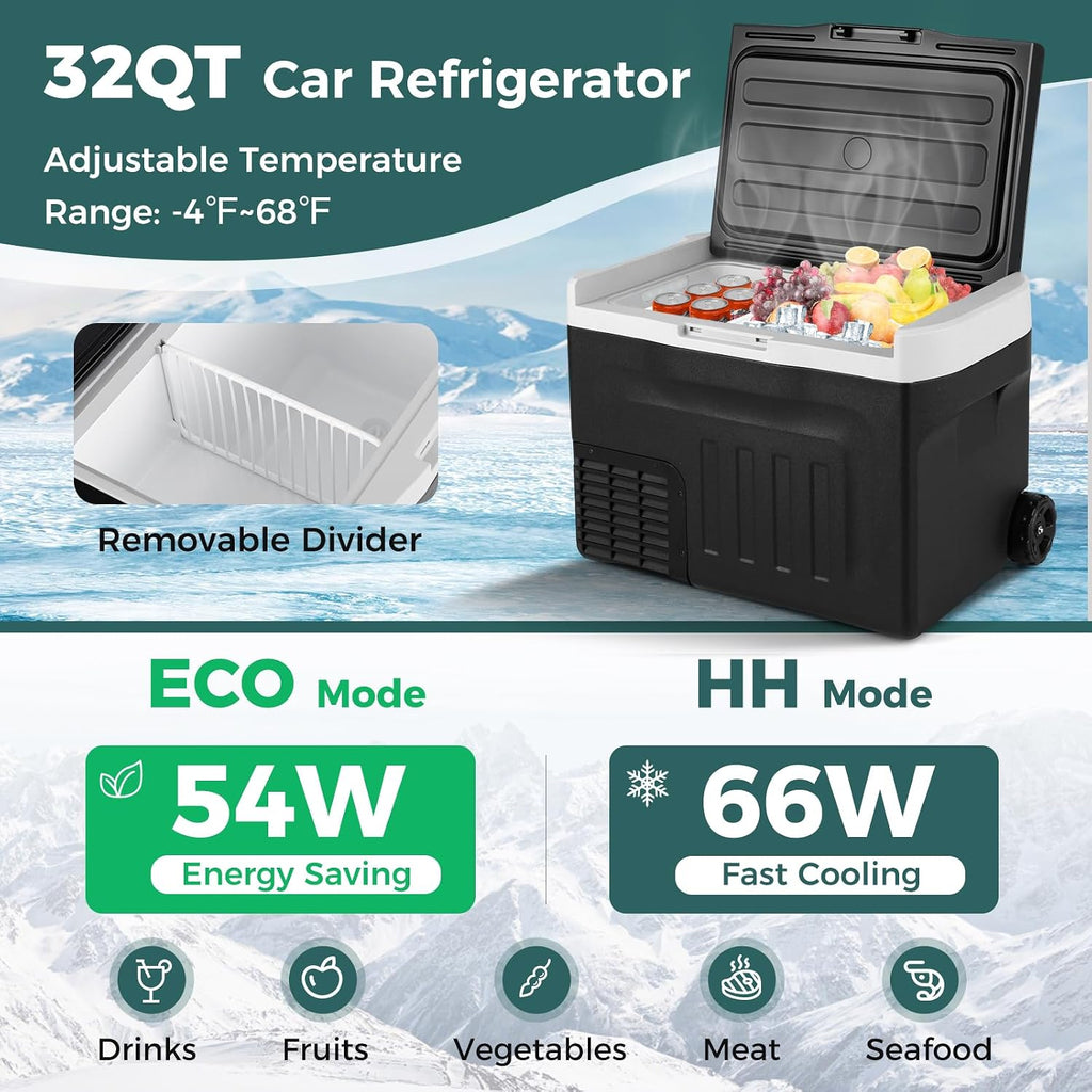 COSTWAY Portable Car Refrigerator, 32-quart Car Fridge with Adjustable Range -4℉~68℉, 12/24V DC 100-240V AC Electric Cooler Freezer with Divider for Camping, RV, Travel, Fishing, Home, Black