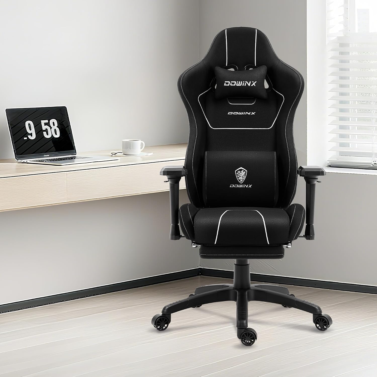 Dowinx Gaming Chair with Massage Lumbar Support Footrest, Fabric Computer Gamer Chair with Pocket Spring Cushion Adjustable Comfortable Game Office Chair 300lbs for Adult Teens Black