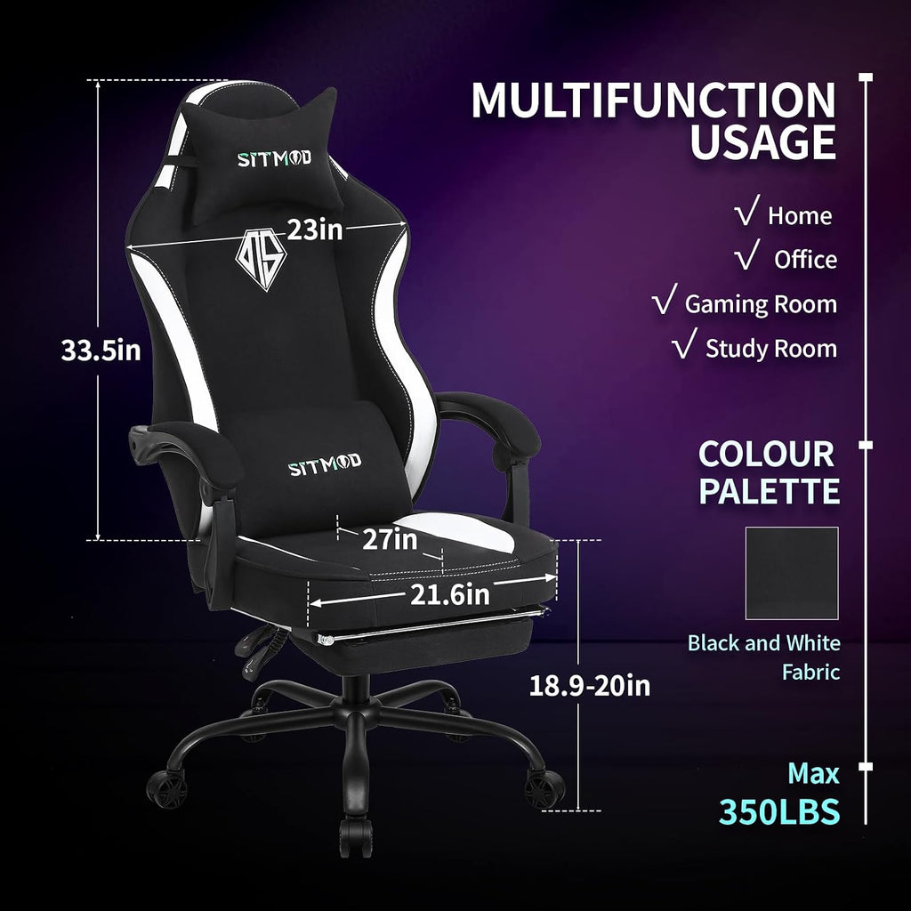SITMOD Breathable Fabric Gaming Chair, 350lbs Heavy Duty Computer Office Chair with Pocket Spring Cushion, Wide Seat Ergonomic Gamer Chair with Footrest for Big and Tall, Reclining High White