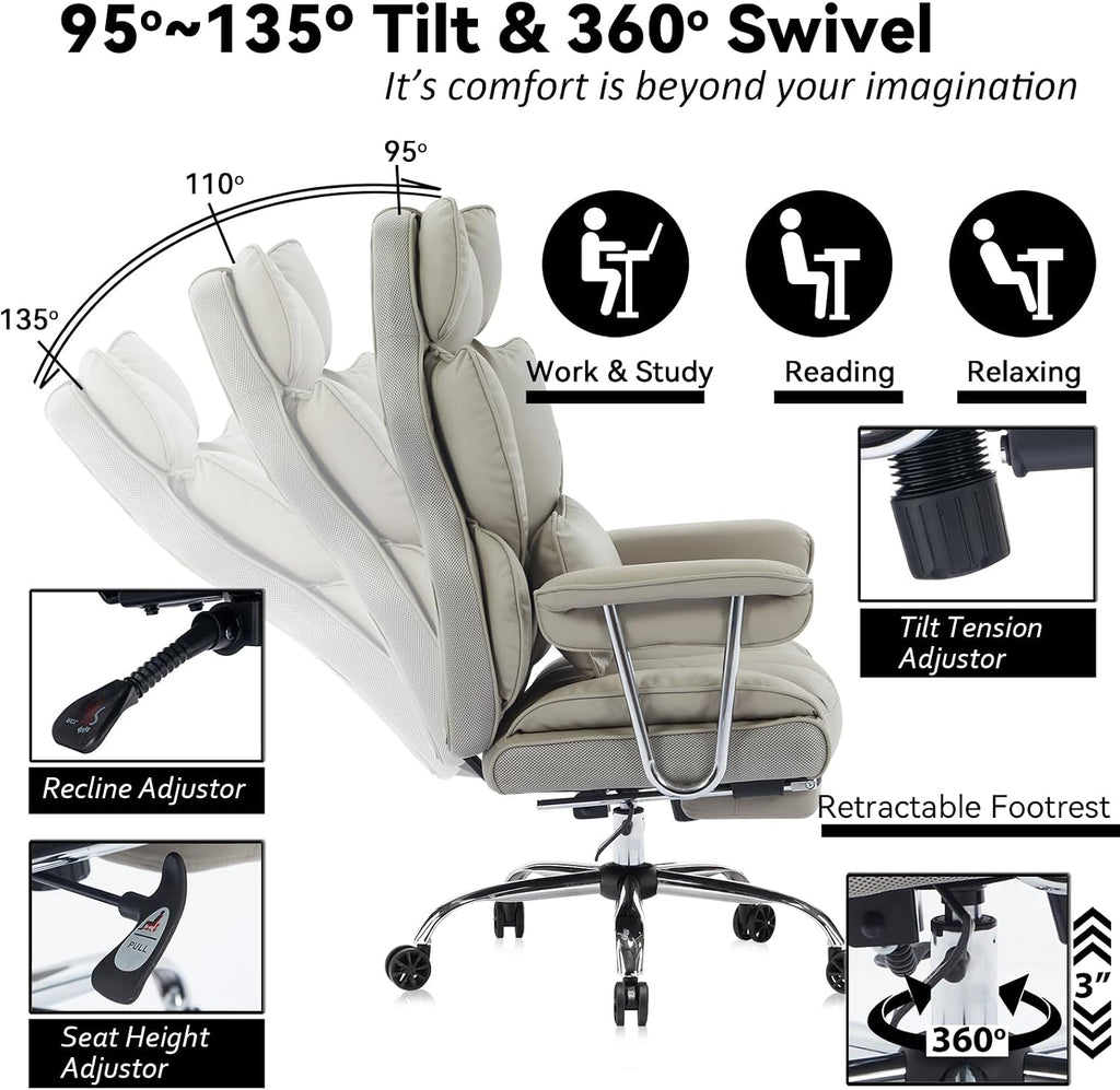Efomao Big and Tall Office Chair 400lbs – High Back Executive Chair with Swivel Base, PU Leather Upholstery, Lumbar Pillow, Padded Armrests, and Rolling Wheels，Grey Computer Chair