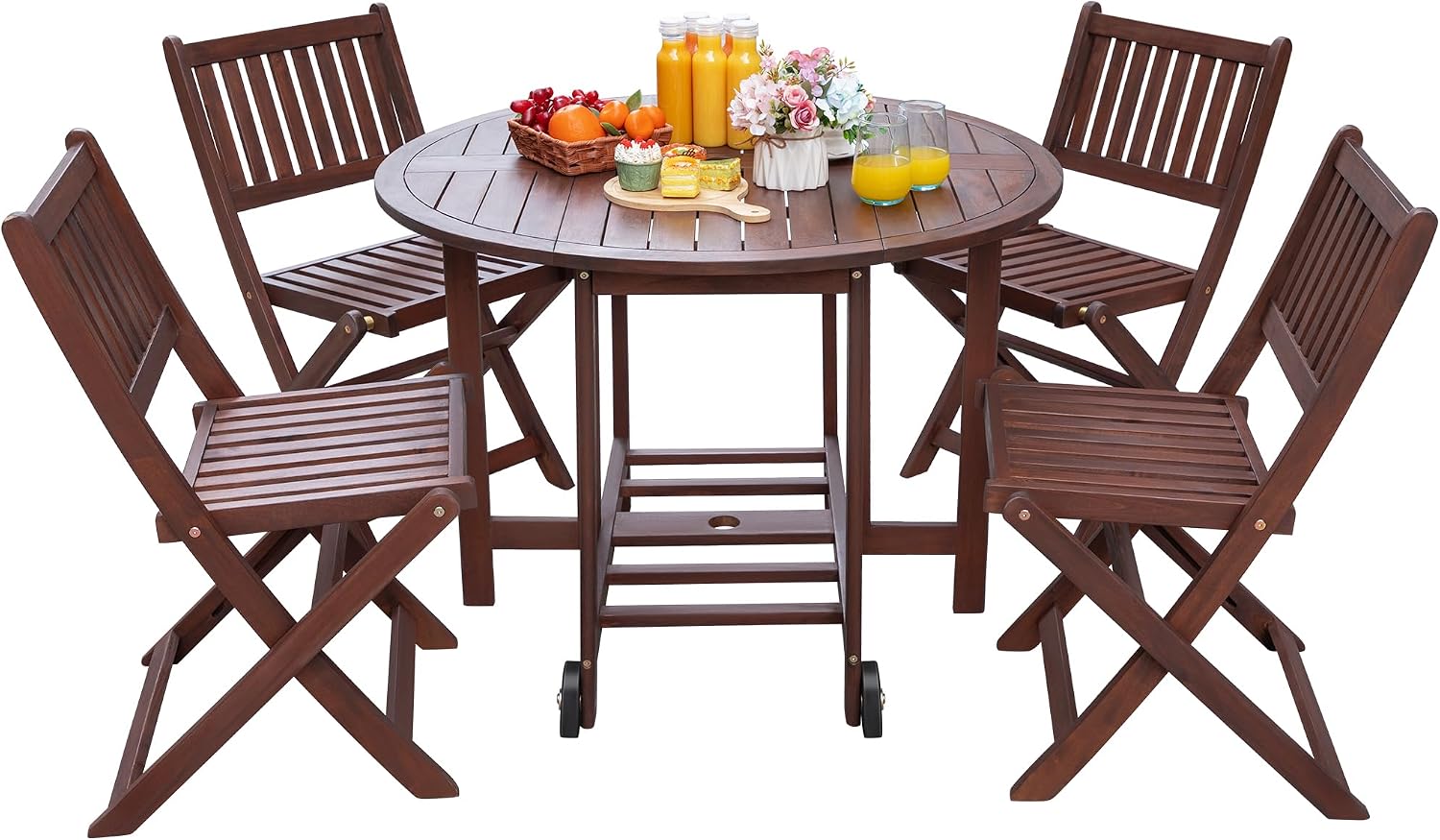 Greesum 5 Piece Patio Folding Furniture Bistro Set All-Weather Outdoor Conversation Round Table and Chairs for Pool Beach Backyard Balcony Porch Deck Garden, Dark Brown