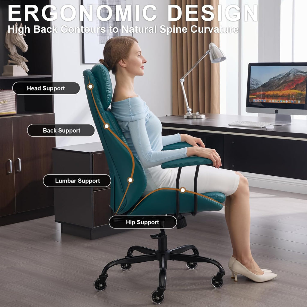 E-Motie Office Chair, Leather Desk Chair with Rubber Wheels, Ergonomic Computer Chair 500 LBS with Lumbar Support, High Back Executive Chair for Modern Home Office, Green