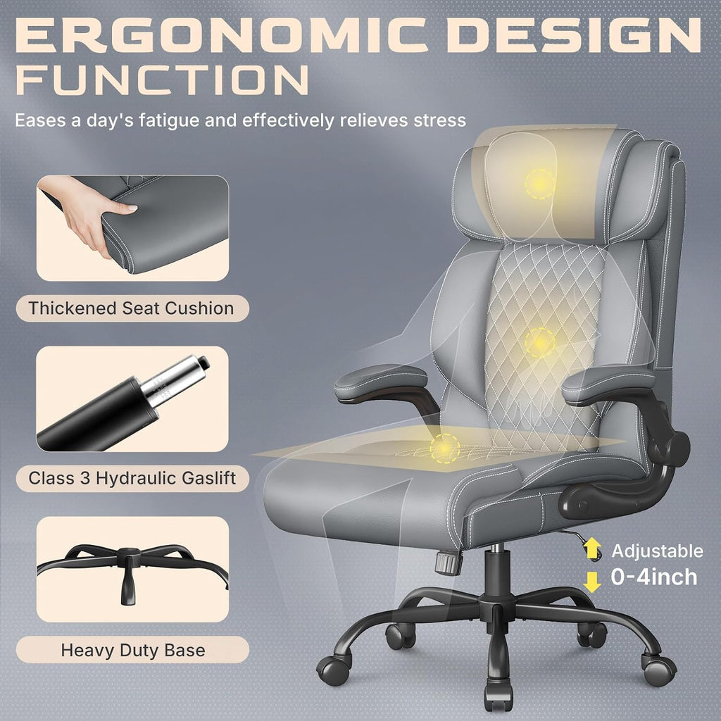 Office Chair-Executive High Back Breathable Big and Tall Office Chair Flip-up Armrests Lumbar Support-Ergonomic Leather Rolling Swivel Chair with Rock Function for Working Studying Gaming,Gray