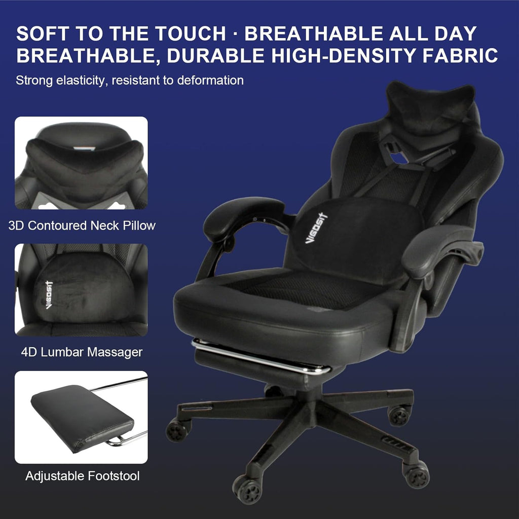 Vigosit Gaming Chair PRO, Ergonomic Gaming Chairs for Adults Heavy People, Massage Reclining Office Desk Computer Chair with Footrest and Lumbar Support, Big Tall Mesh Gamer Chair with Cushion (Black)