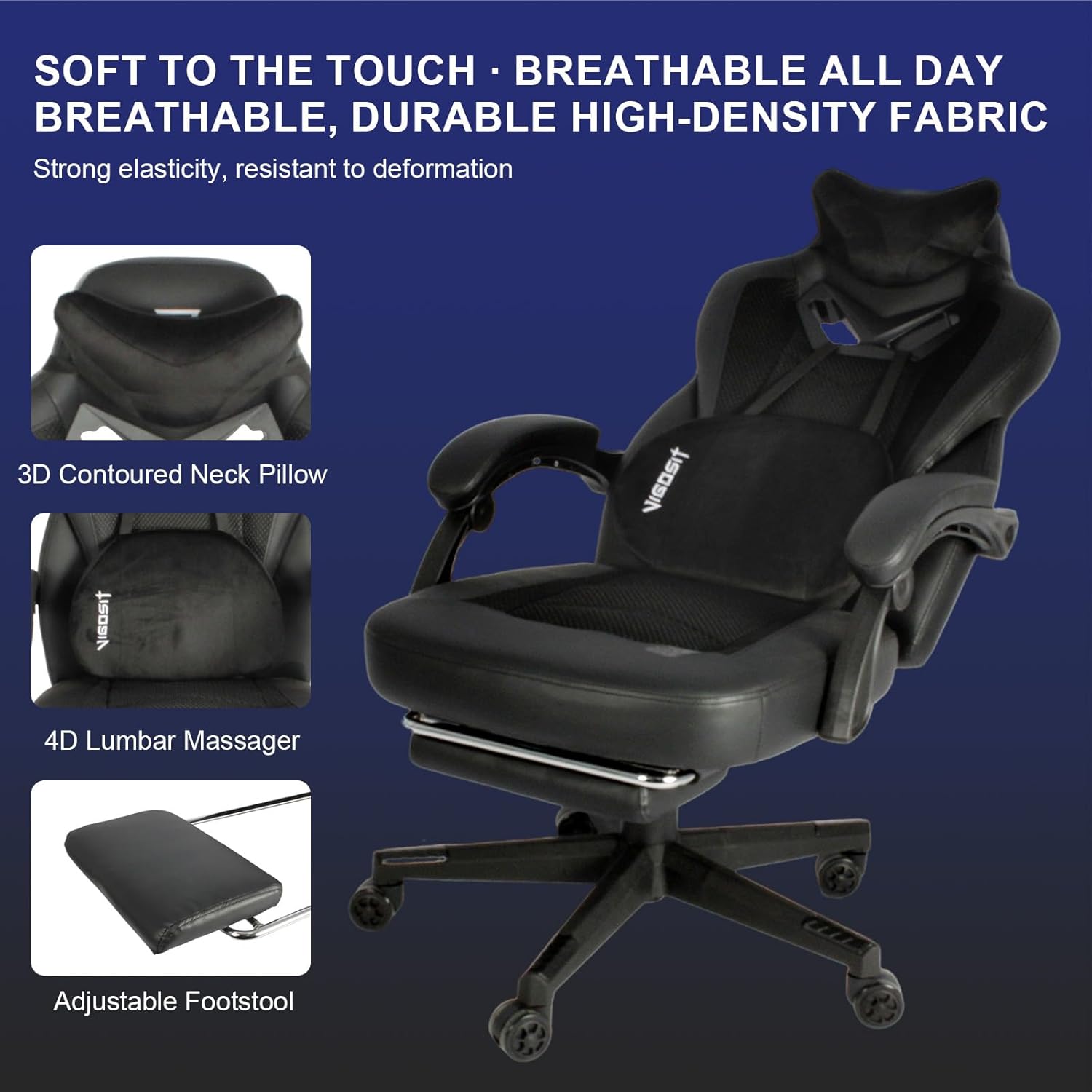 Vigosit Gaming Chair PRO, Ergonomic Gaming Chairs for Adults Heavy People, Massage Reclining Office Desk Computer Chair with Footrest and Lumbar Support, Big Tall Mesh Gamer Chair with Cushion (Black)