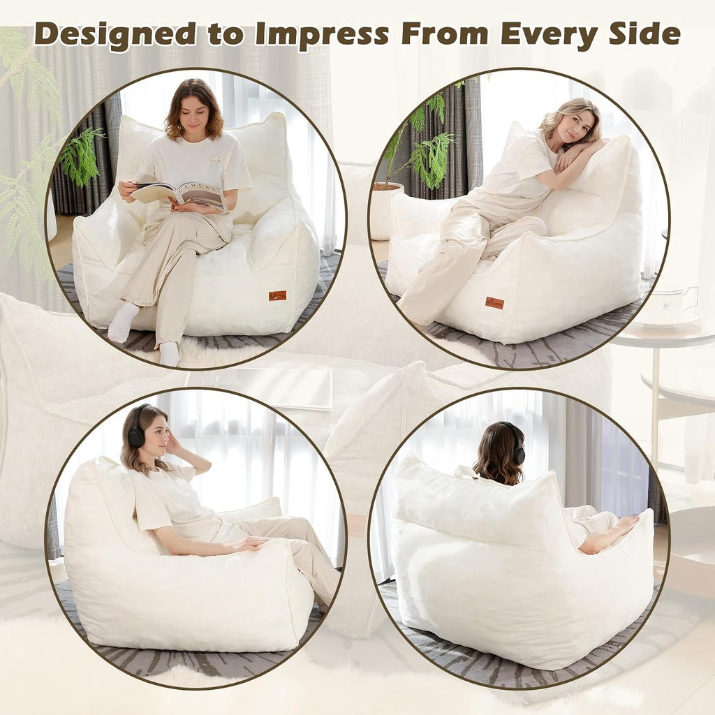 Oversized Fluffy Bean Bag Chair for Adults – Giant Cozy Bean Bag Sofa Chair with Armrests, Handle & Non-Slip Base for Your Reading Nook, Bedroom or Living Room(White-XL)