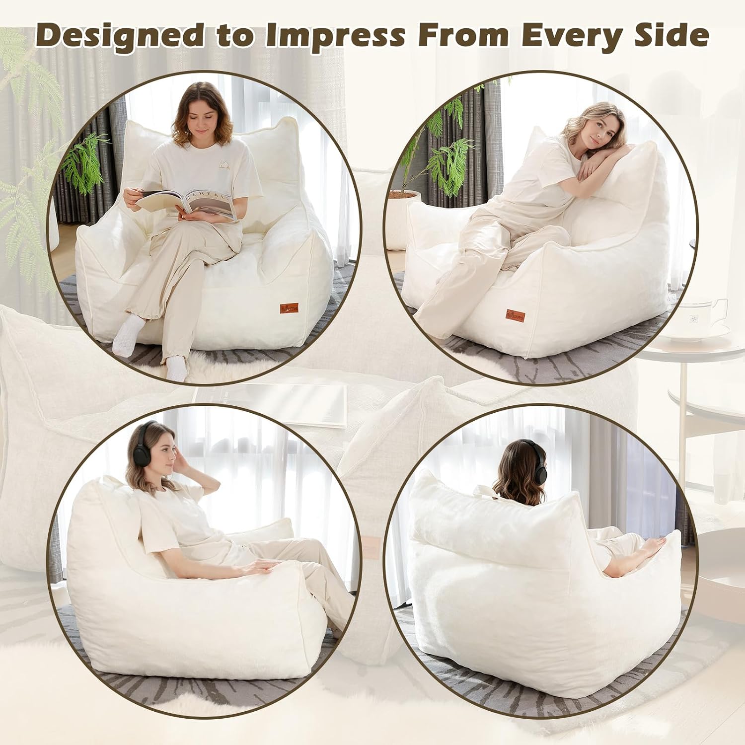 Oversized Fluffy Bean Bag Chair for Adults – Giant Cozy Bean Bag Sofa Chair with Armrests, Handle & Non-Slip Base for Your Reading Nook, Bedroom or Living Room(White-XL)