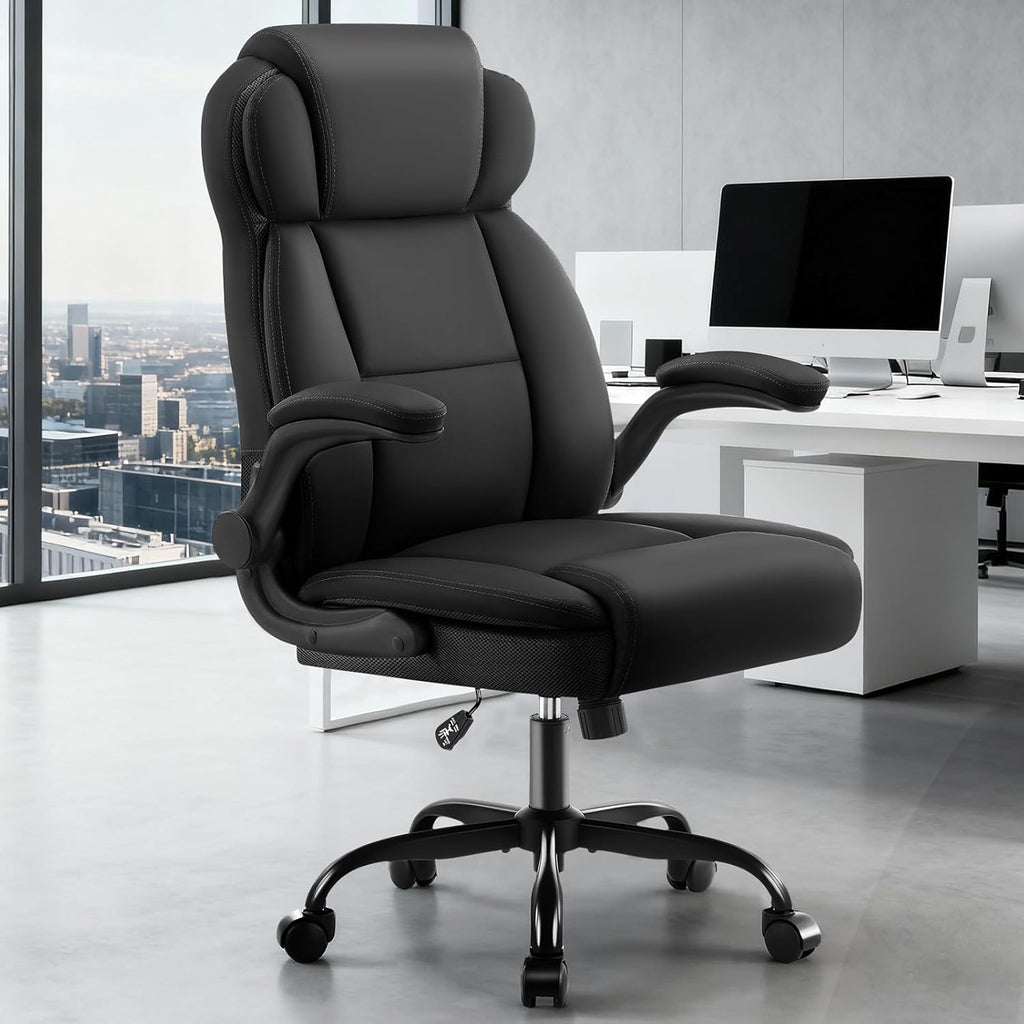 AreShark Ergonomic Office Chair with High Back Headrest,PU Leather Executive Desk Chair Padded Flip-Up Armrests,Lumbar Support,Swivel Computer Chair for Home Office & Gaming,Black