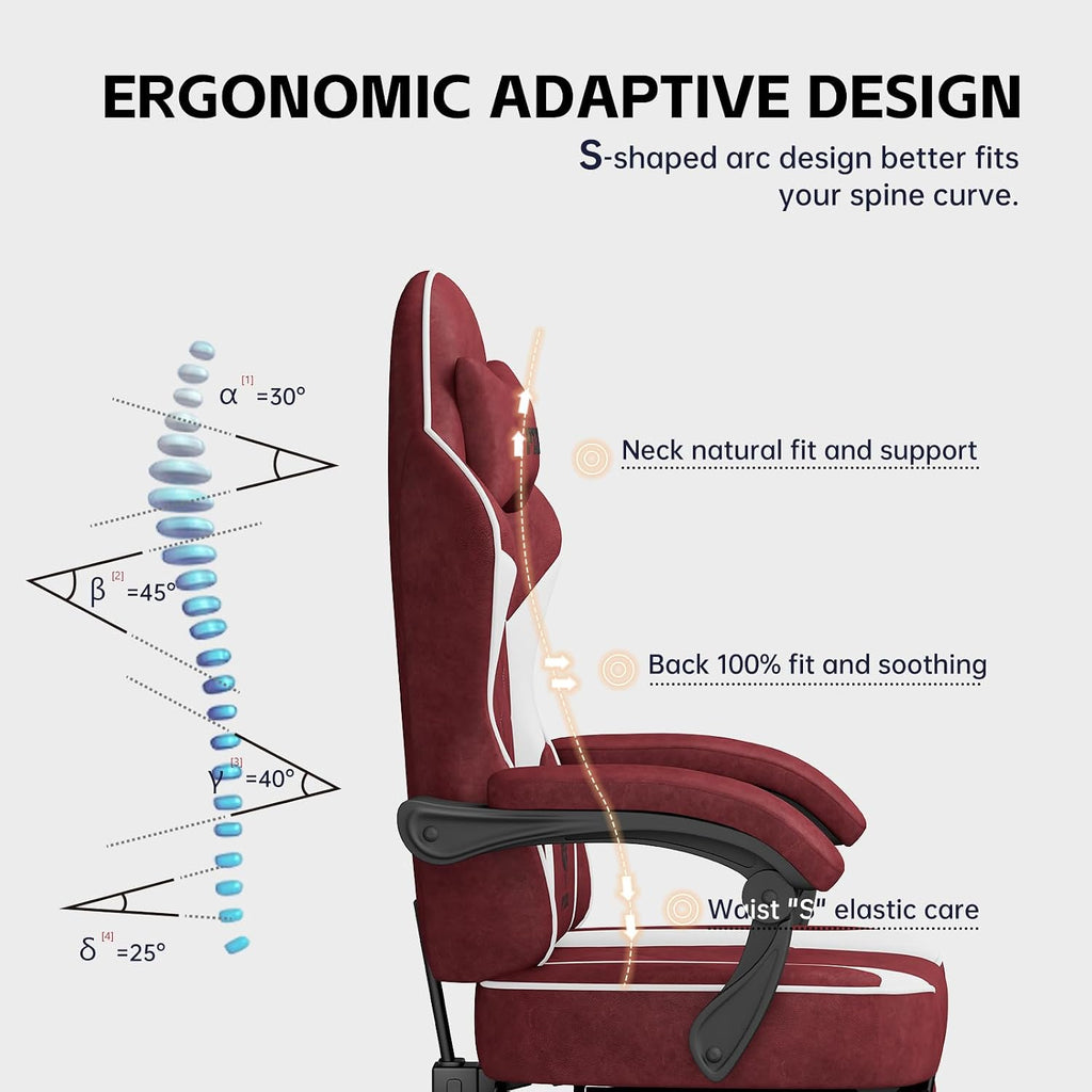 Ergonomic Gaming Chairs for Adults with Retractable Footrest, Fabric Racing Gaming Chair, Height Adujustable Computer Chair Swivel PC Gamer Chairs with Lumbar Support, Gift, 150KG, Red