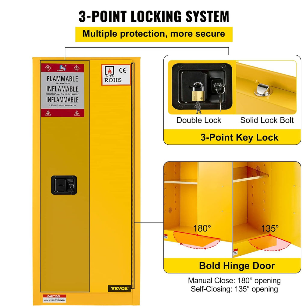 VEVOR Flammable Cabinet 18' x 18' x 35', Galvanized Steel Safety Cabinet, Adjustable Shelf Flammable Storage Cabinet, for Commercial Industrial and Home Use, Yellow: Industrial & Scientific