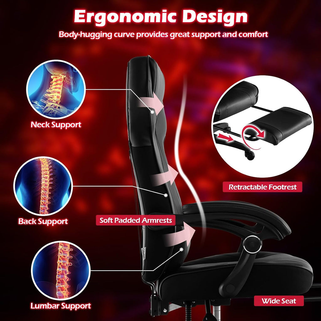 Giantex Gaming Chair with Footrest for Adults, Reclining Video Game Chair w/Lumbar Support, Racing Style Ergonomic Office Computer Chair, Height Adjustable Swivel Gamer Chair for Gaming (Black)