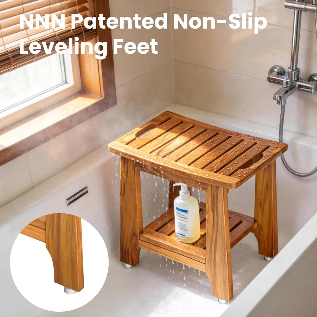 21' Standard Teak Shower Bench with Shelf & Handle - Waterproof, Non-Slip Bath Stool, 300 lbs Capacity - Fits Standard Tubs/Showers & Outdoor Use (Patented)