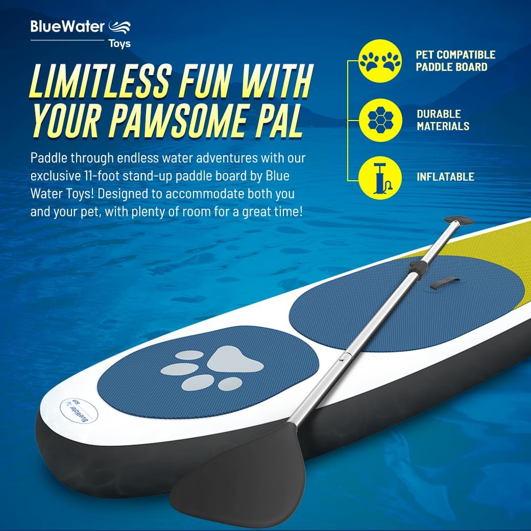 Inflatable Stand Up Paddle Board Paw Paddler by Blue Water Toys - 11ft Nylon and Mesh Inflatable Paddle Board with 100% UV-Resistant Honeycomb EVA Pad, Complete SUP Set for Pets and Humans