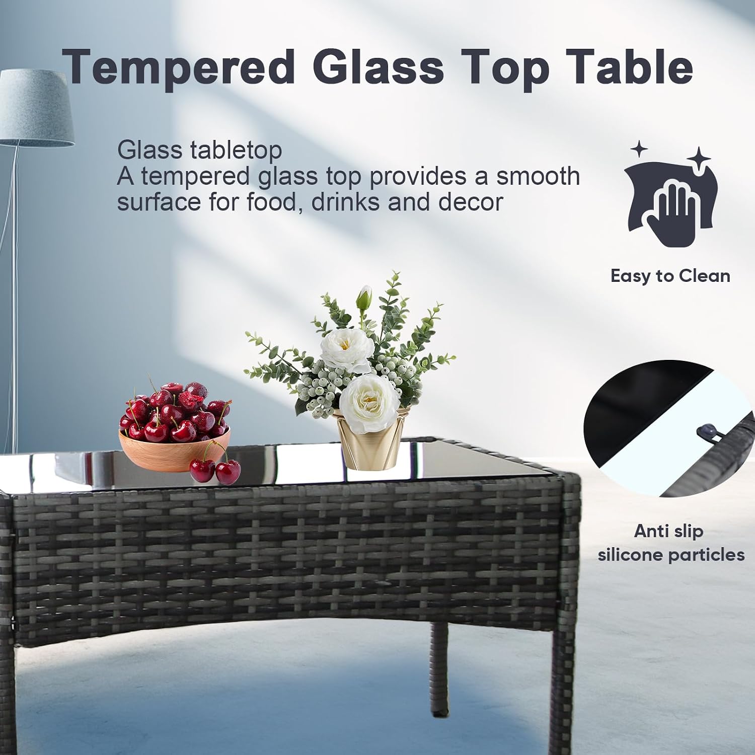 Outdoor Furniture Set of 4 Pieces with PE Waterproof Rattan Tempered Glass Table and Thick Cushions Suitable for Gardens Porches Terraces and Balconies Easy to Assemble, Grey