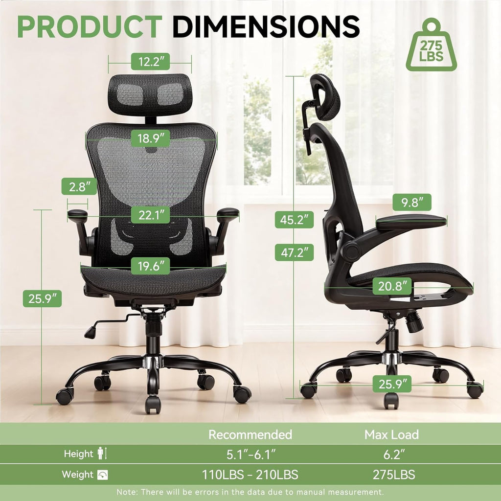 GTPLAYER Office Chair, Home Ergonomic Desk Chair with High Back Mesh, Mesh Office Computer Desk Chairs with Adjustable Lumbar Support, Rolling Work Swivel Task Chairs with 3D Armrests and Headrest