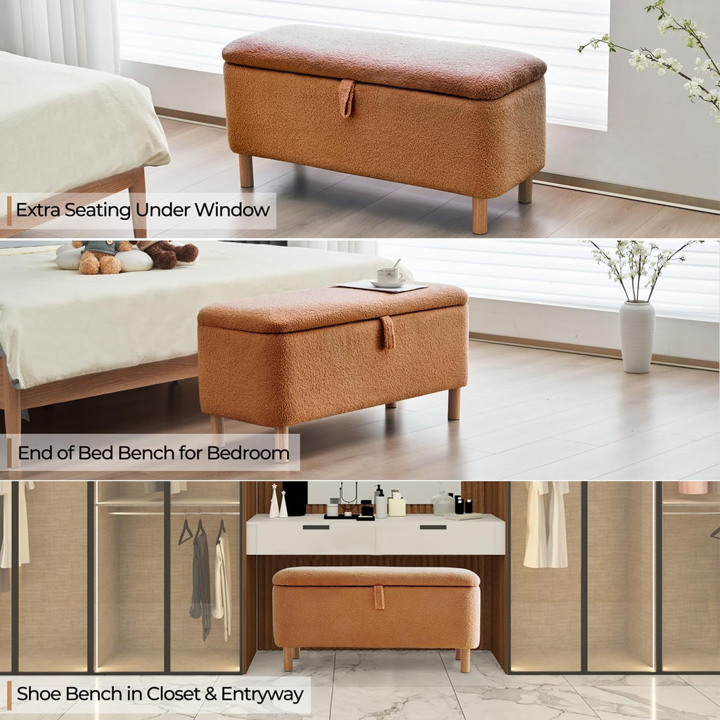 Storage Ottoman Bench for Bedroom End of Bed, Boucle Upholstered Padded Storage Bench for Entryway Bed Foot Entryway, Sherpa Rectangle Cushion Shoe Seat Blanket Chest Cute for Living Room, Orange