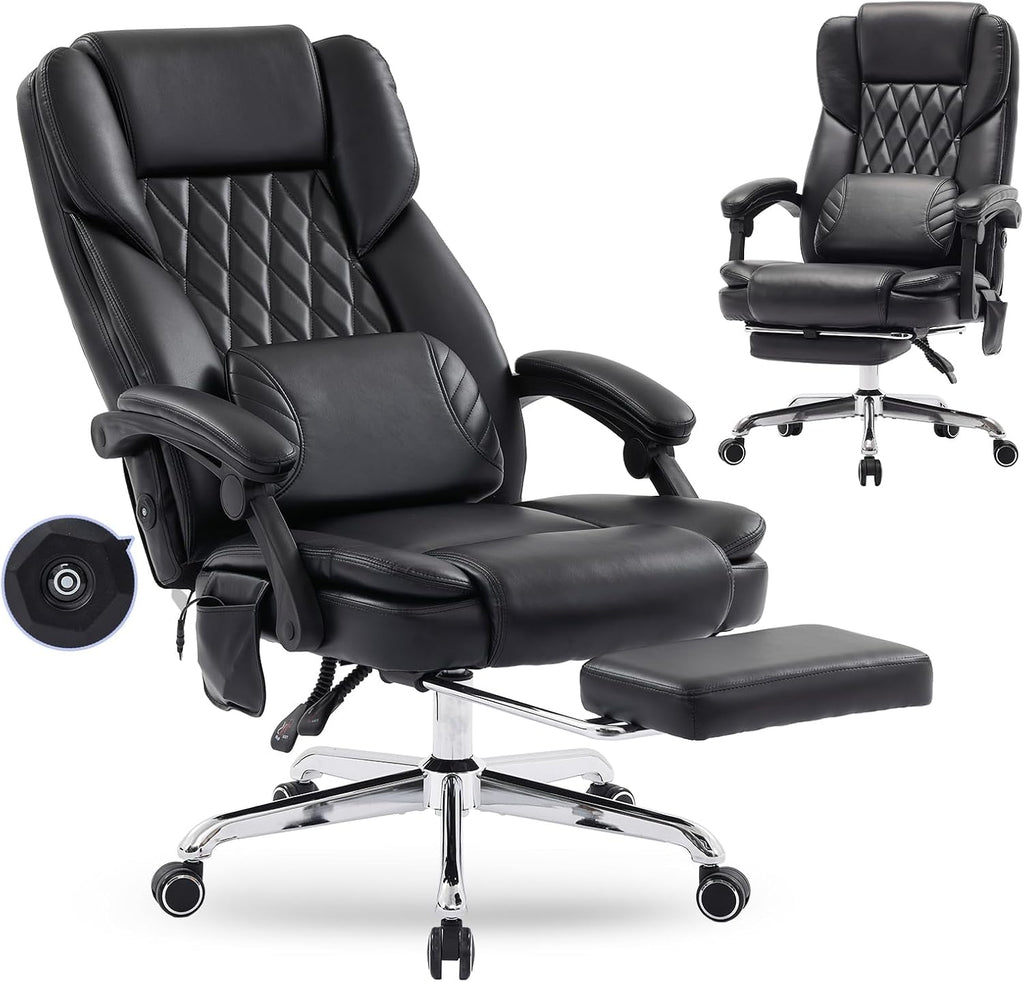 Massage Office Chair with Footrest, High Back Executive Chair, Ergonomic Desk Chair with Removable Pillow, 2 Lumbar Massage Points, Reclining, Leather Computer Chair, Black