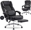 Massage Office Chair with Footrest, High Back Executive Chair, Ergonomic Desk Chair with Removable Pillow, 2 Lumbar Massage Points, Reclining, Leather Computer Chair, Black
