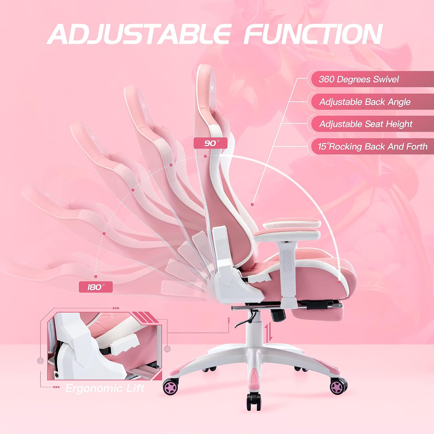 S*MAX Pink Gaming Chair with Footrest Thicken Seat Ergonomic Pink Gamer Chair with 3D Armrest PU Leather Headrest and Lumbar Support High Back Gaming Chair for Girls Pink White