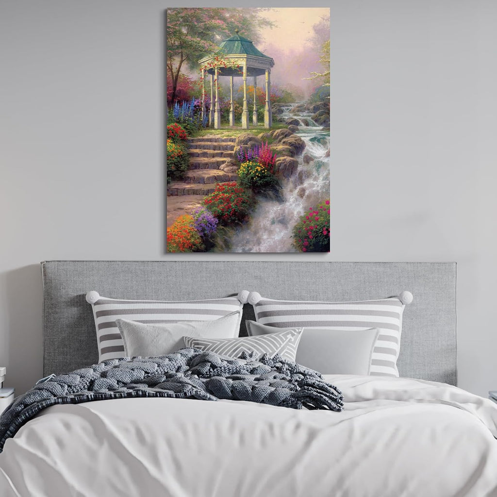 STUDIO HAVEN Thomas Kinkade Canvas Wall Art, Ornate Garden Pavilion Cascading Stream Colorful Wildflowers Oil Painting Poster Tranquil Nature Wall Decor, Framed Prints for Home Decor, 32x48Inch