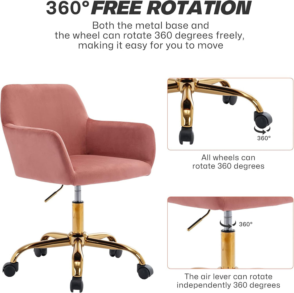 KCC Velvet Office Desk Chair, Comfy Swivel Modern Leisure Armchair with Wheels, Upholstered Comfy Velvet Fabric Makeup Chair Height Adjustable for Teens Women Girls Elegant Home Office, Rose